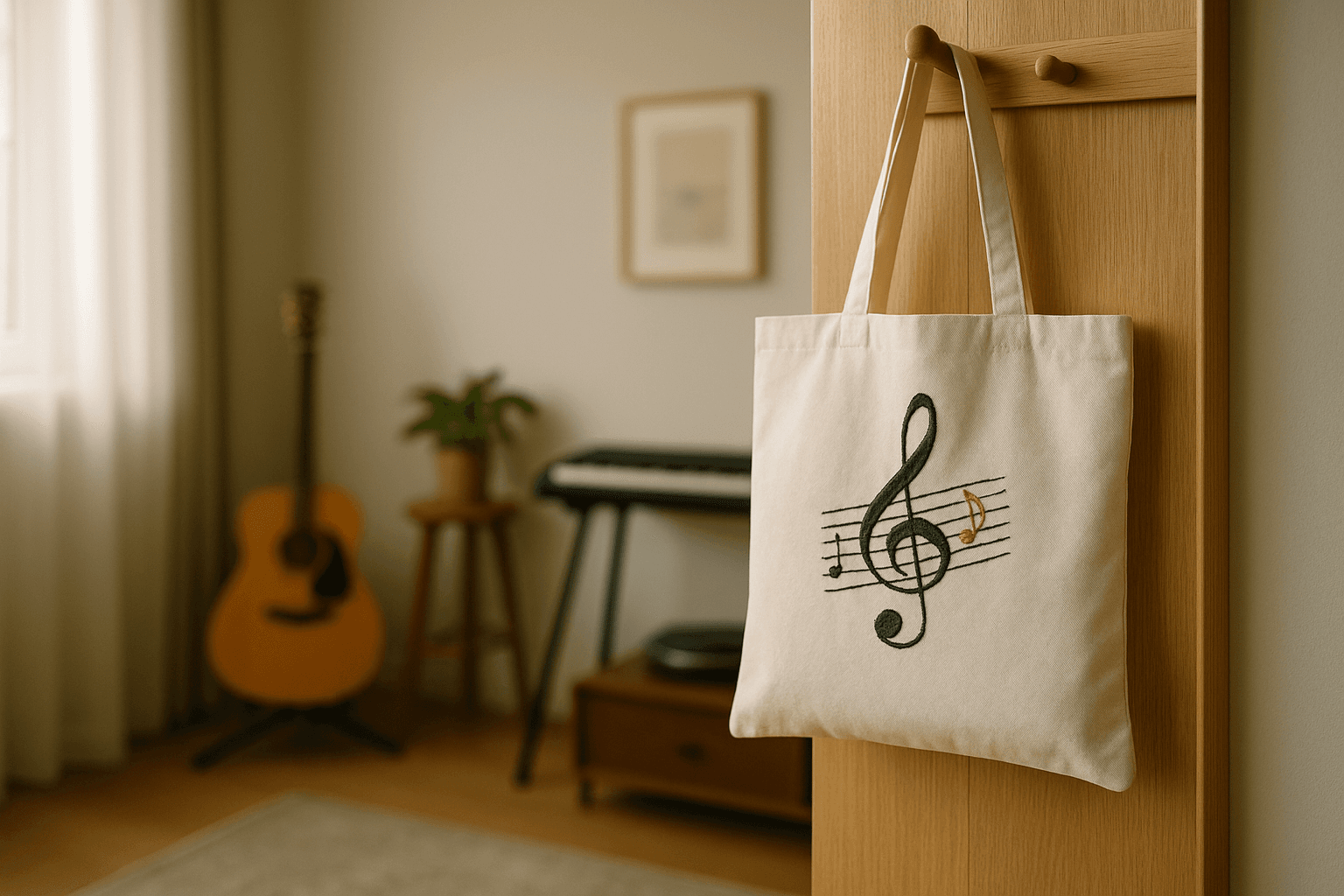 A Dhaara handcrafted tote bag in a warm artisan setting